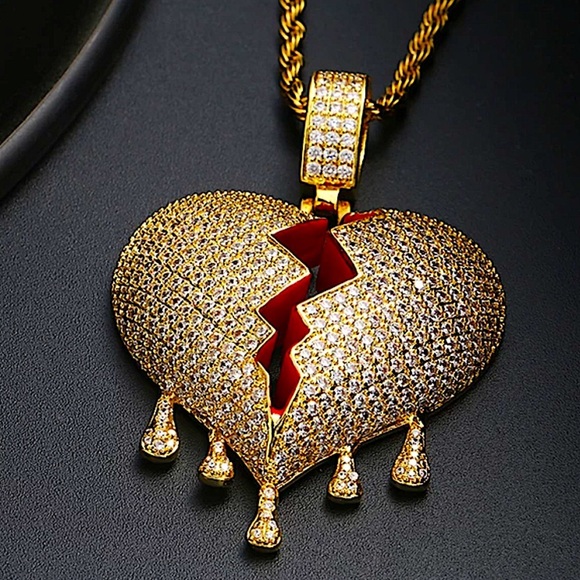 GOLD PLATED BLEEDING ZIRCON HEART ROPE CHAIN CHARM UNISEX NECKLACE - Picture 9 of 12